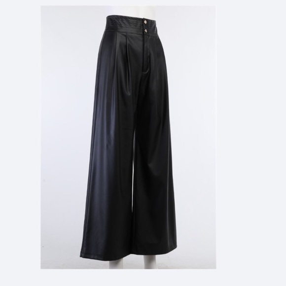 Black High Waisted Faux Leather Palazzo Pants (S) - Picture 2 of 11